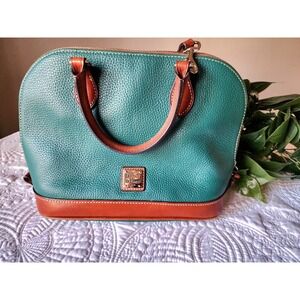 DOONEY & BOURKE EMERALD GREEN LEATHER HANDBAG WITH TAN STRAPS DESIGNER CROSSBODY